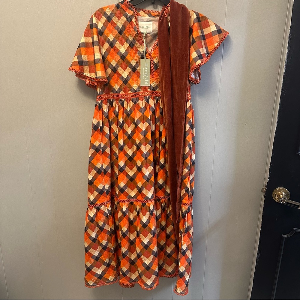 Victoria Dunn Orange and Brown Plaid Midi Dress